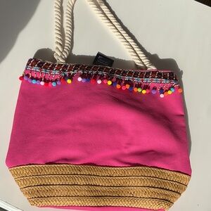 Victoria Leland Beaded Fuchsia Canvas and Straw Tote Bag with Rope Handles NWT